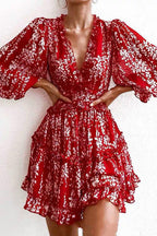 Floral Print Deep V-Neck Bishop Sleeve Tiered Ruffle Mini Dress