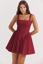 Square Neck Sleeveless Bow Back Pleated Volume Skater Mini Dress