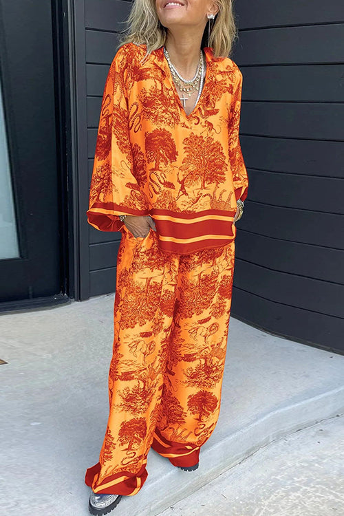 Lapel V Neck Long Sleeves Shirt Wide Leg Pants Printed Casual Set