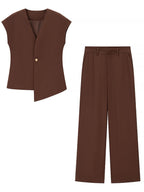 V-neck Buttons Jacket Wide-leg Pants Set Commuting 2-piece Sets