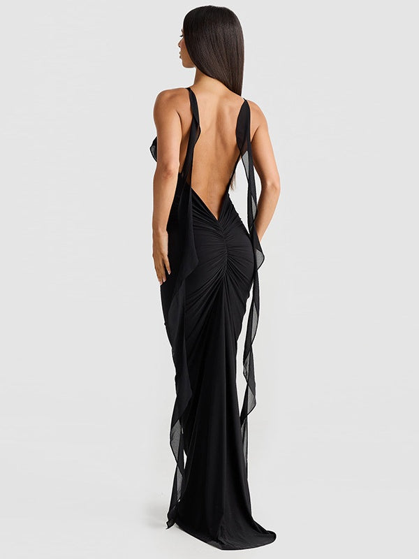 V-neck, Backless, Fitted, Fishtail Maxi Dress