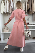 Denim Deep V-Neck Puff Sleeve Button Front Split Midi Dress