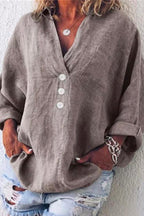 V Neck Long Sleeve Cotton Linen Shirt