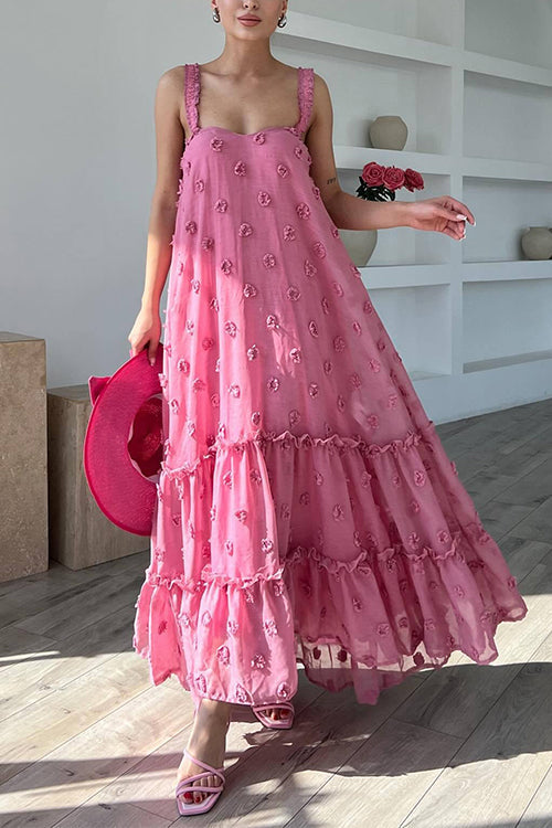 Floral Appliques Ruffle Trirm Swimg Maxi Cami Dress