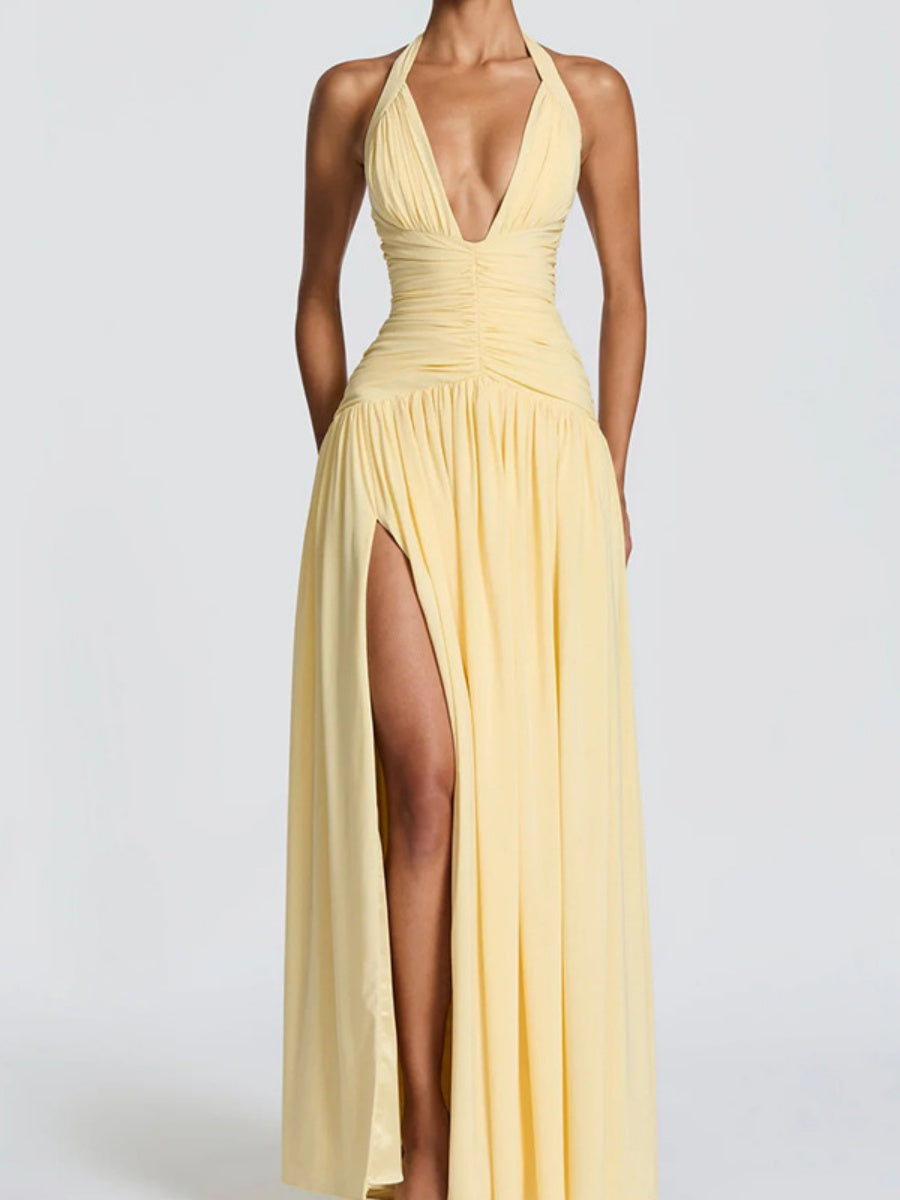Deep V Halter Backless Maxi Dresses