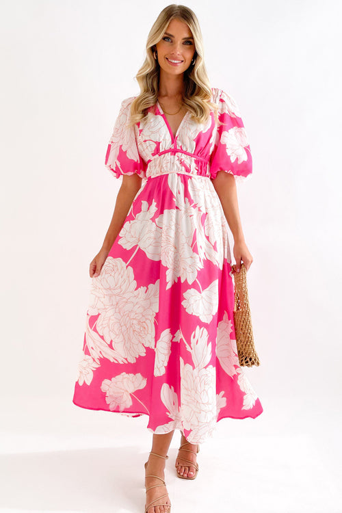 Abstract Geometric Print Deep V-Neck Puff Sleeve Cinched Waist Maxi Dress