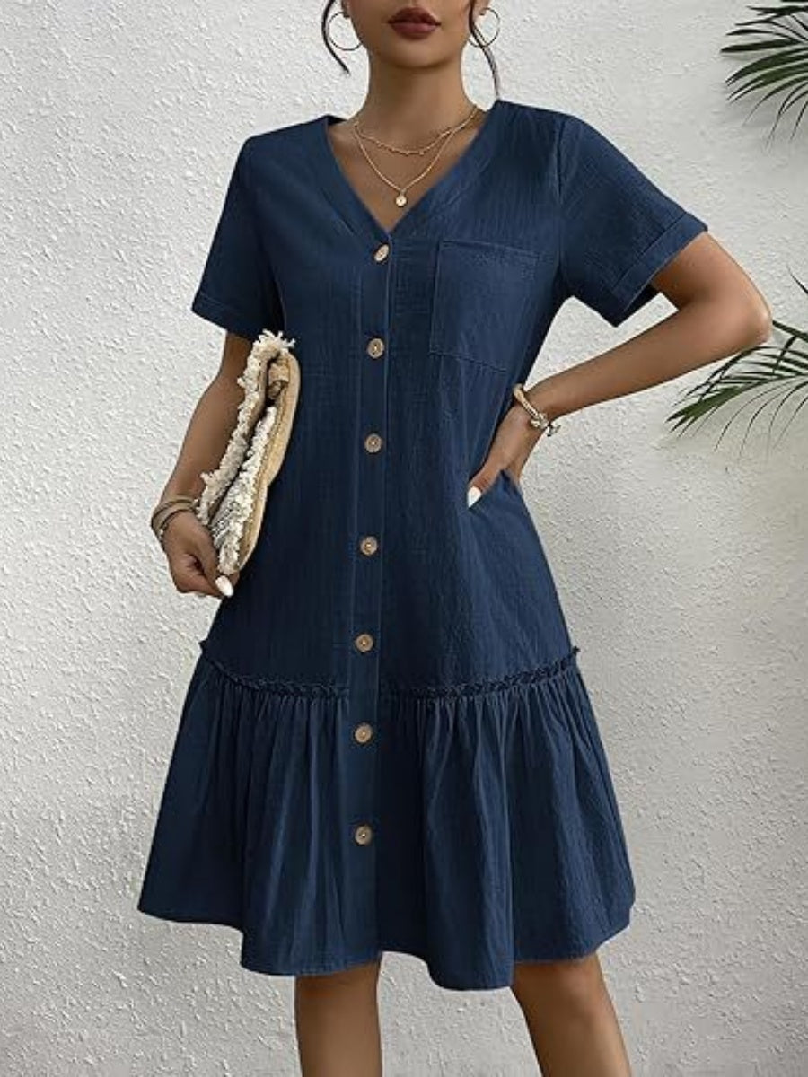 Single Row V-neck Loose-fit Short Sleeve Mini&Short Dresses