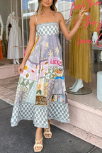 Spaghetti Strap Square Neck Illustrative Print Empire Waist Midi Dress