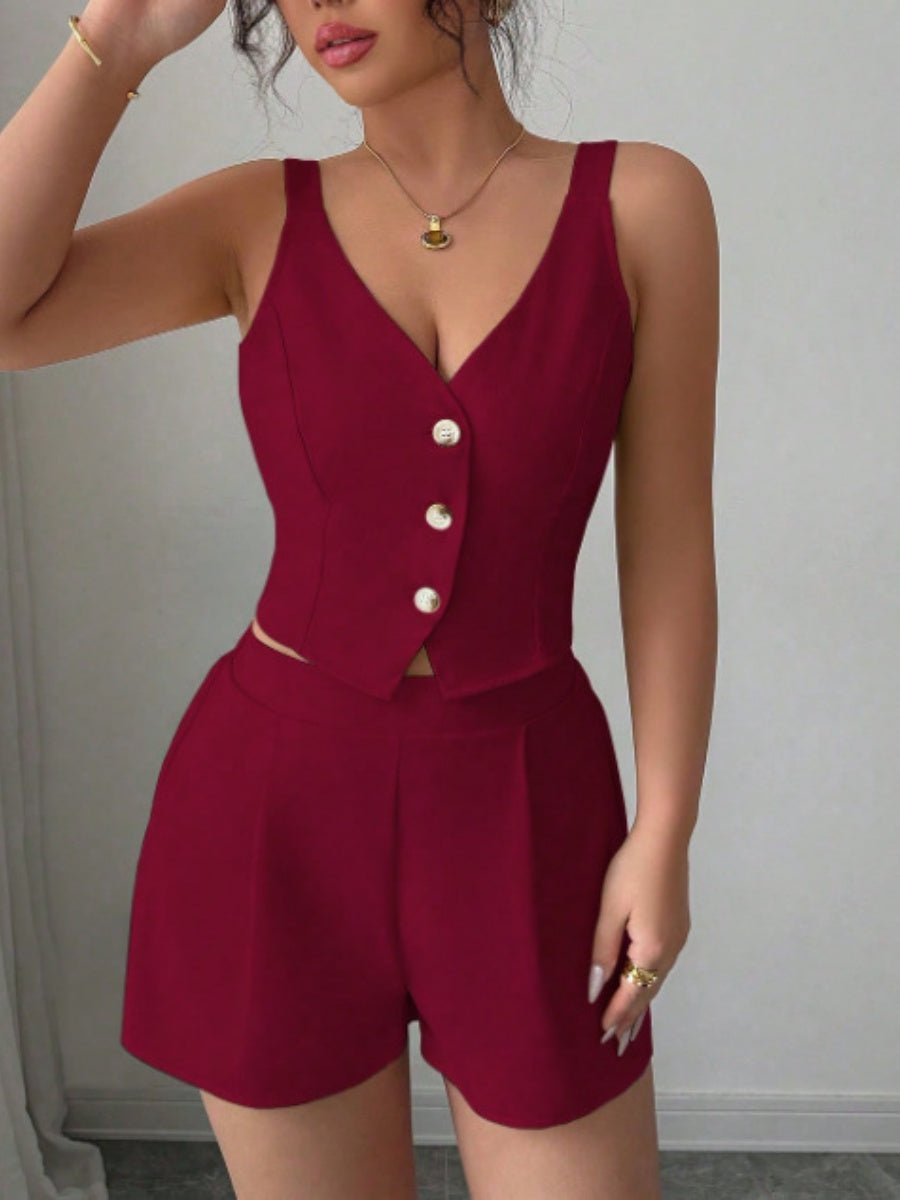 Stylish And Slimming Two-piece Set Of Button-down Vest And Shorts In Solid Color For Commuting.