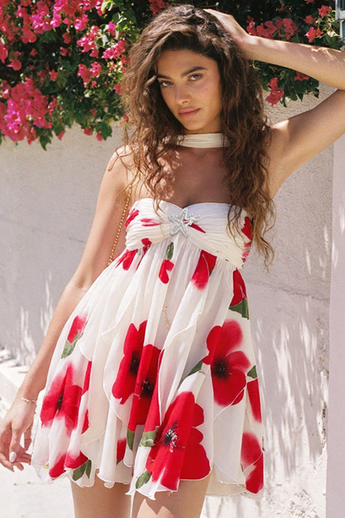 Strapless Neck Scarf Tie Starfish Brooch Tiered Ruffle Fruit Print Mini Dress