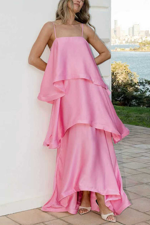 Adjustable Strap Ruffle Layered Satin Maxi Dress