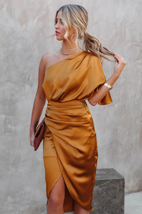 One Shoulder Cape Sleeve Ruched Waist Tulip Wrap Satin Midi Dress
