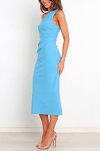 One Shoulder Ruched Side Split Midi Pencil Dress
