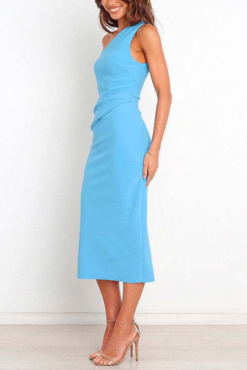One Shoulder Ruched Side Split Midi Pencil Dress