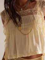 Lace Trim Square Neck Tie Tank Tops&Camis