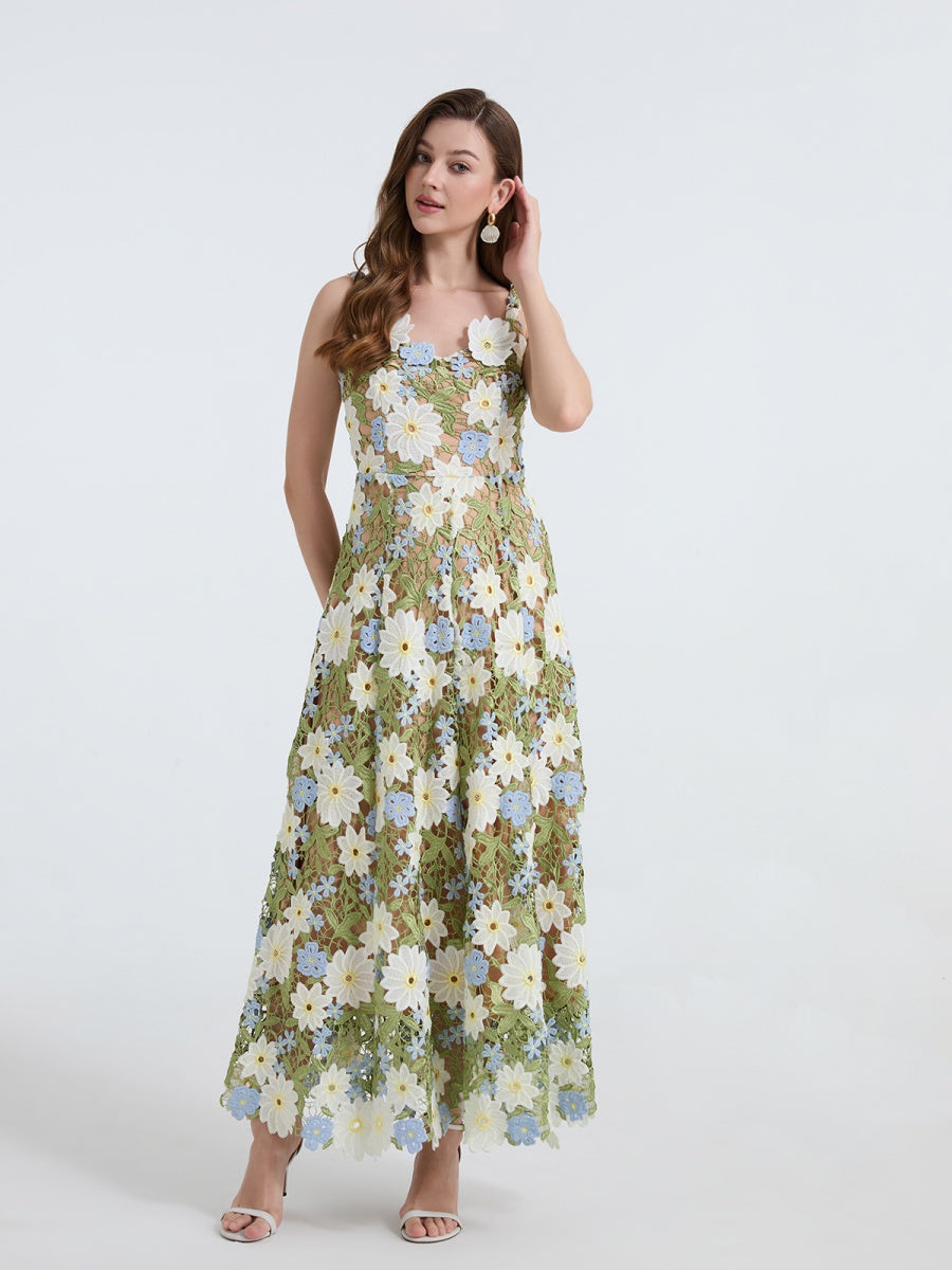 Lace Embroidery Spaghetti Strap Long Dress