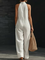 Simple Solid Color V-neck Sleeveless Jumpsuit