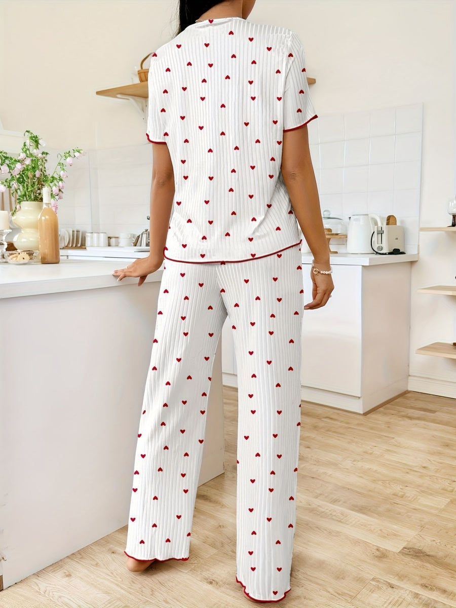 Heart-print V-neck Short-sleeved Trousers Loungewear Set