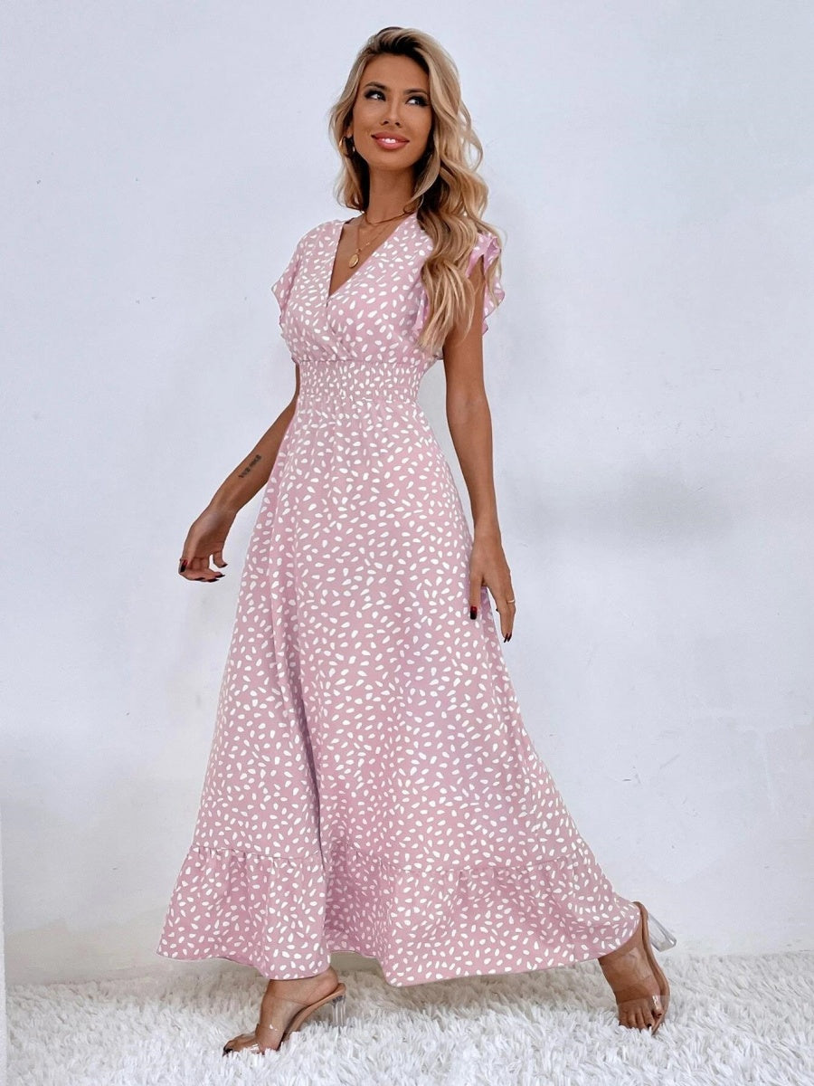 Floral Lotus Leaf Sleeves V-neck Vacation And Leisure Maxi Dresses