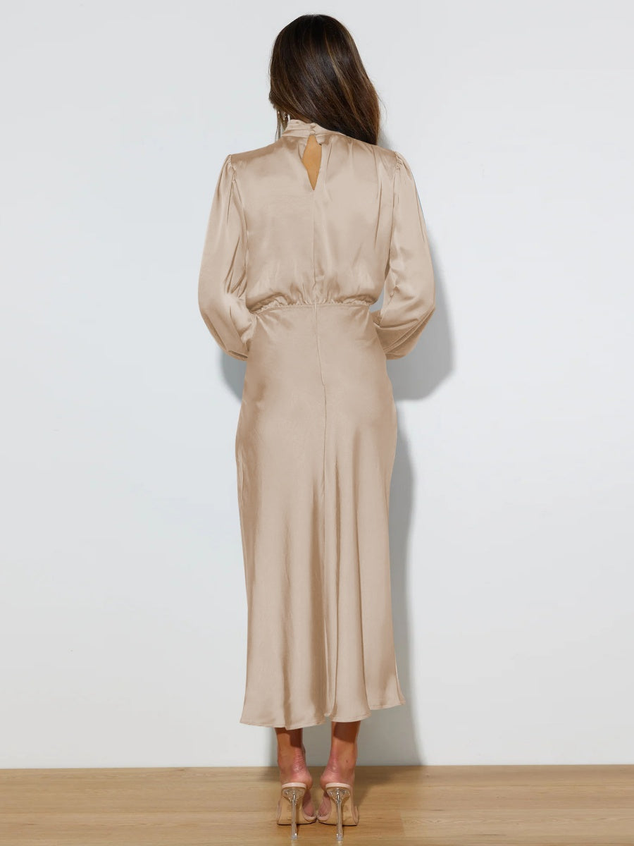 Satin Long Sleeve Zipper Solid Color Maxi Dresses