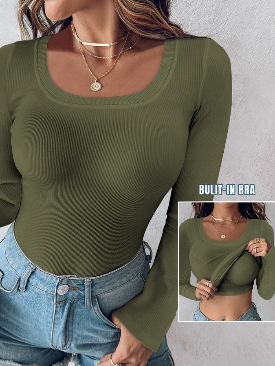 With Bra U-neck Thread Solid Color Long Sleeve T-shirts