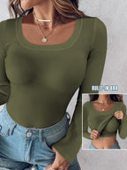 With Bra U-neck Thread Solid Color Long Sleeve T-shirts