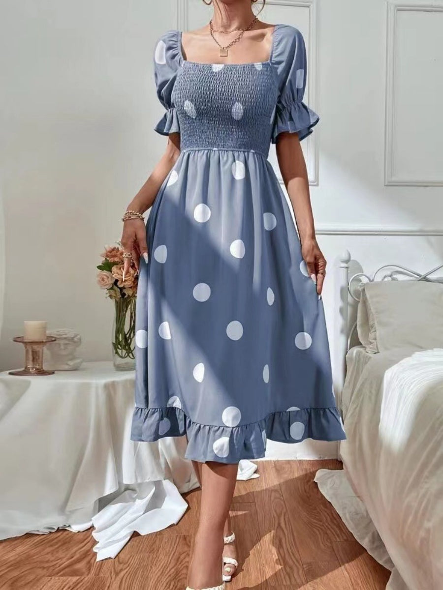 Square Collar Polka Dots Short Sleeve Ruffle Vacation And Leisure Maxi Dresses