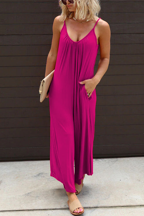 Solid Scoop Neck Wide Leg Baggy Cami Jumpsuit