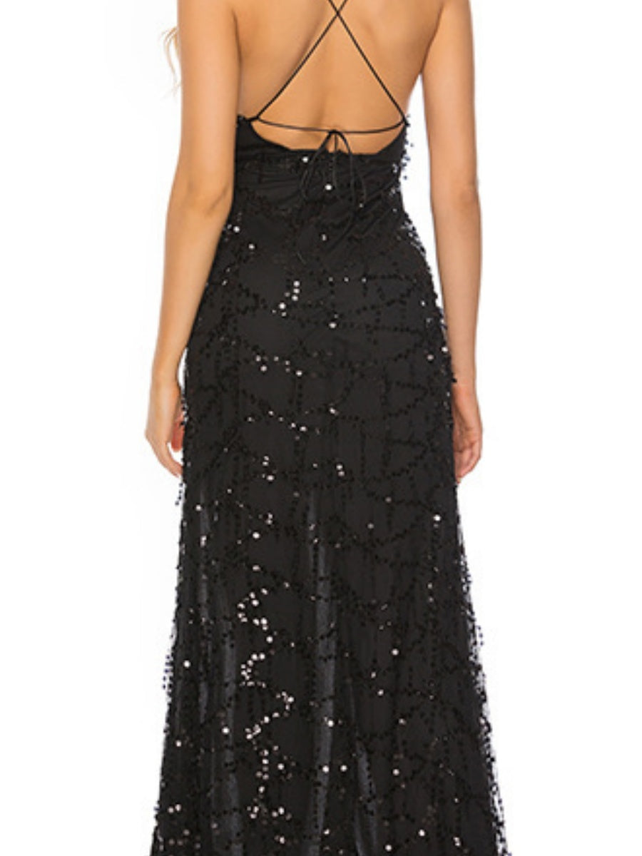 V-neck Sexy Backless Sequined Halter Dress With Floor-length Slit Skirt