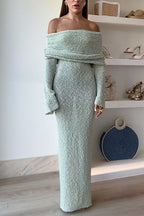 Off Shoulder Hollow-out Knit Stretchy Maxi Dress