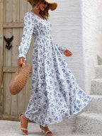 Floral Long Sleeve Square Collar Vacation And Leisure Maxi Dresses