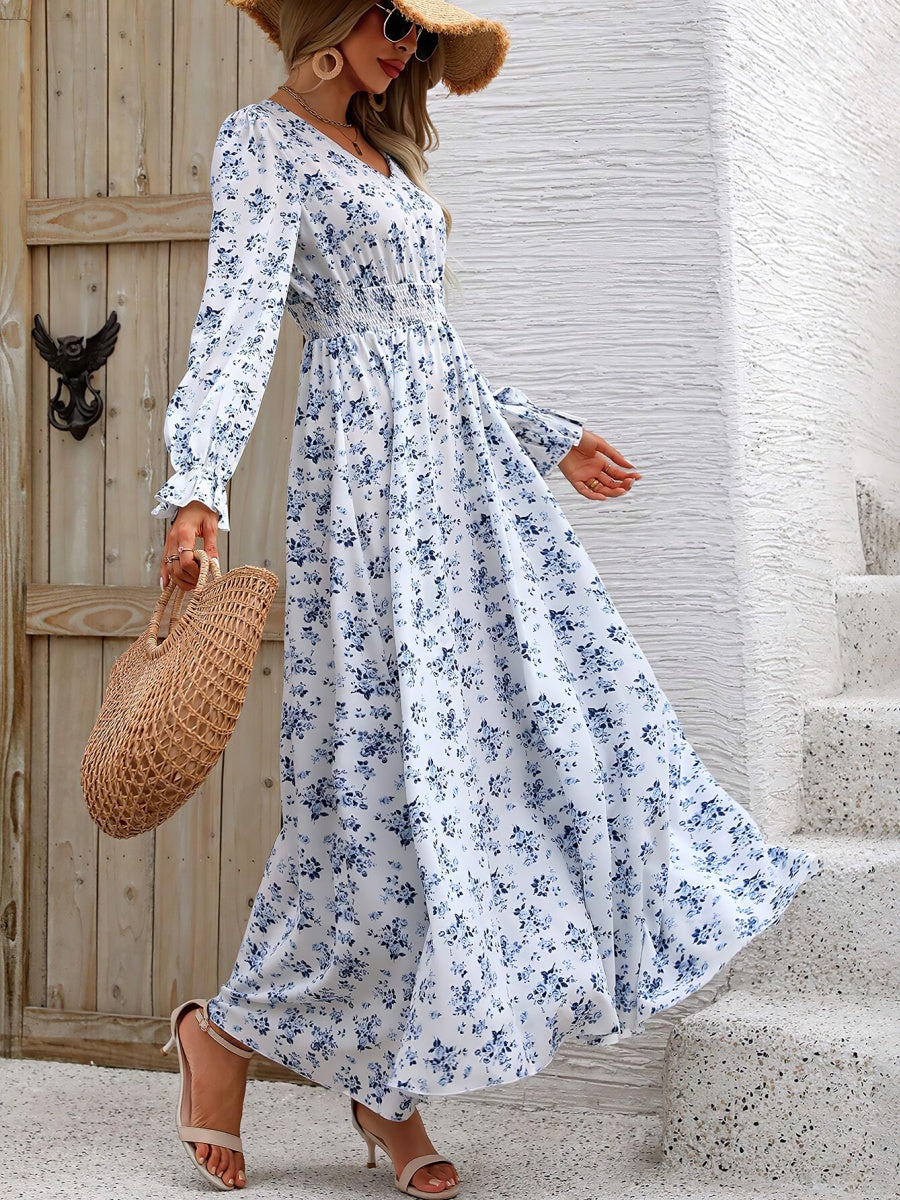 Floral Long Sleeve Square Collar Vacation And Leisure Maxi Dresses