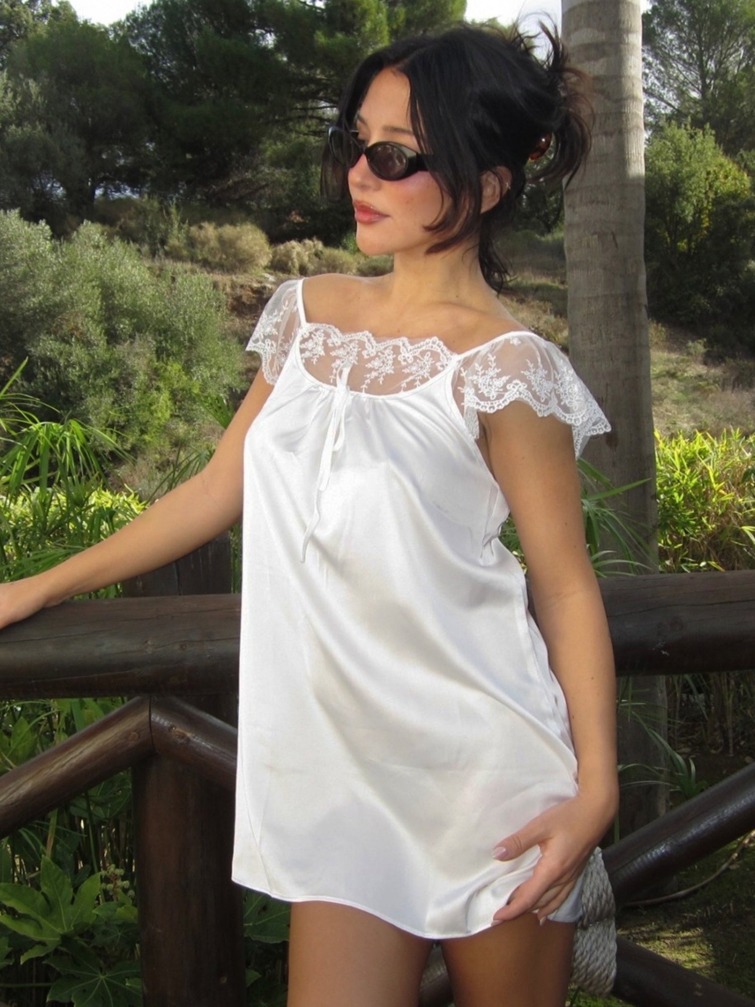 Lace Trim Square Neck Tie Satin Mini&Short Dresses