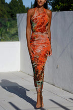 Halter Backless Cut Out Mesh Overlay Tie Dye Bodycon Midi Dress