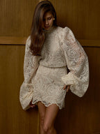 Lantern Sleeve High Neck Lace Two-piece Set