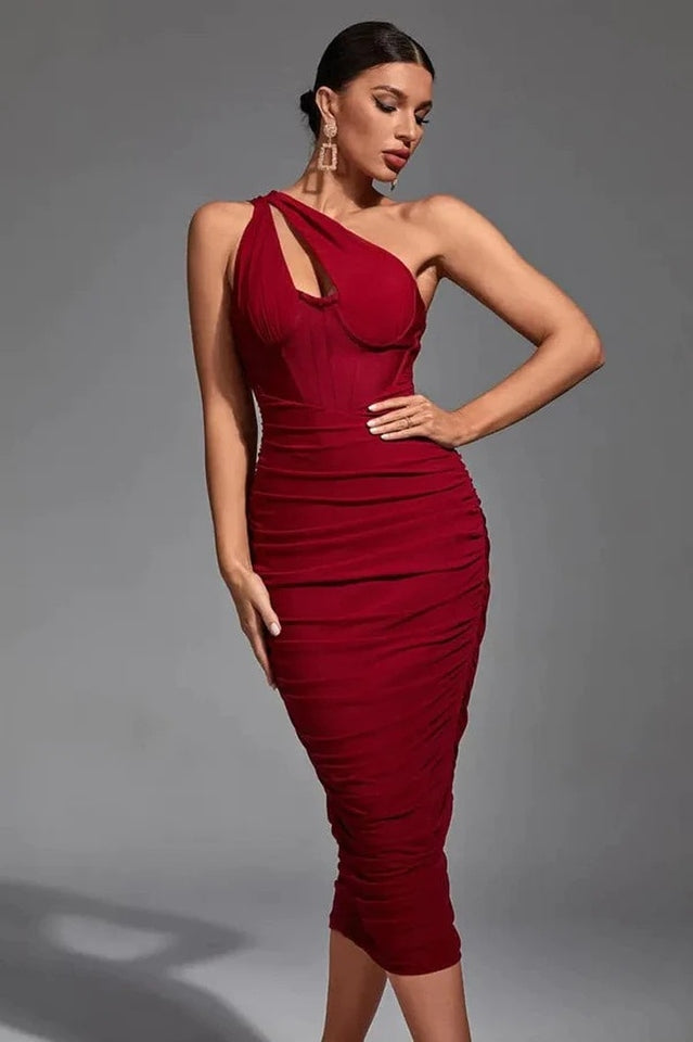 One Shoulder Cut Out Corset Bodice Ruched Gathered Mesh Midi Dress