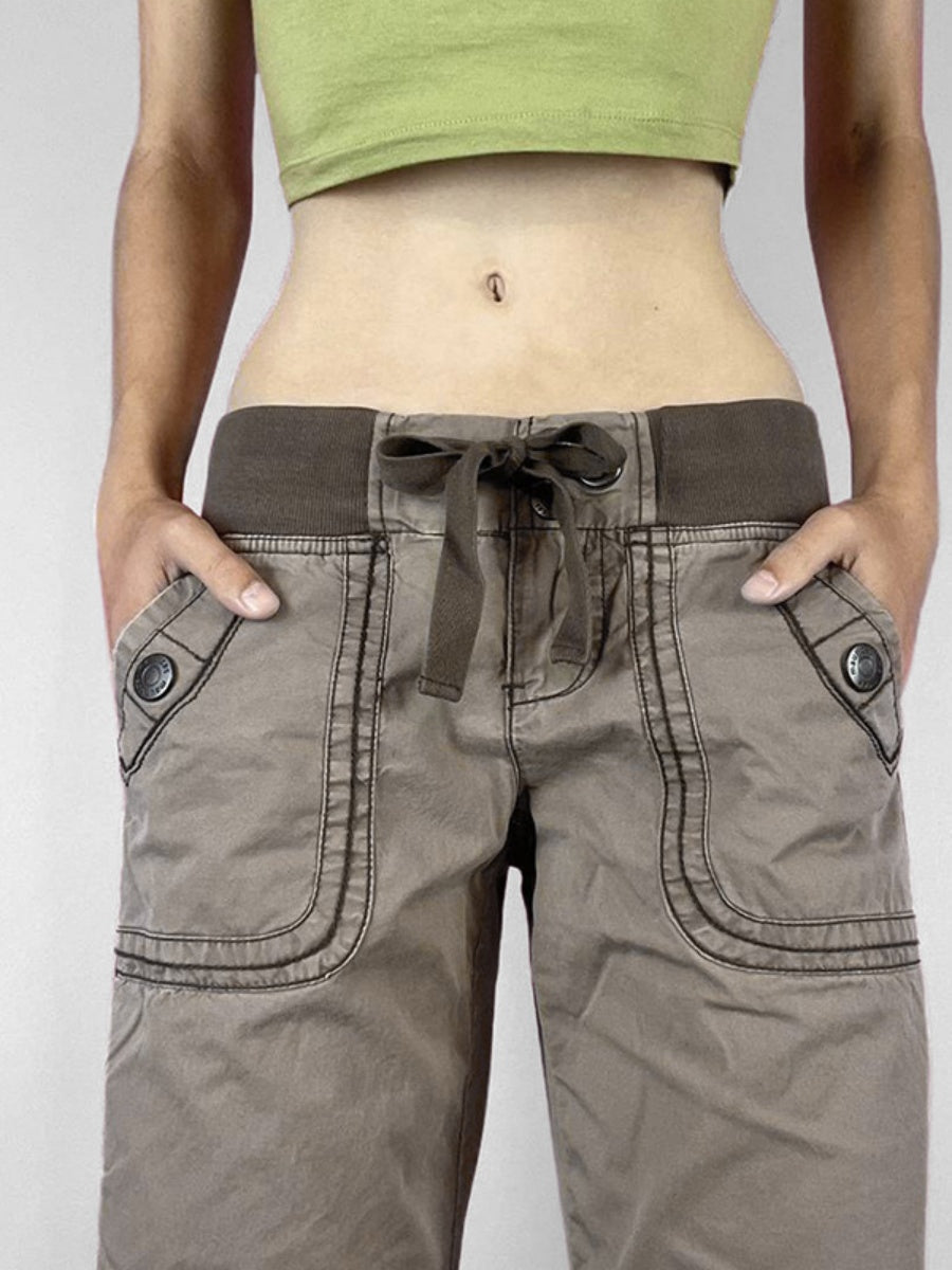 Retro Pocket Color-blocked Ribbed Low-rise Jeans