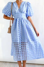 Puff Sleeve Sheer Grid Check Empire Waist Button Front Midi Dress