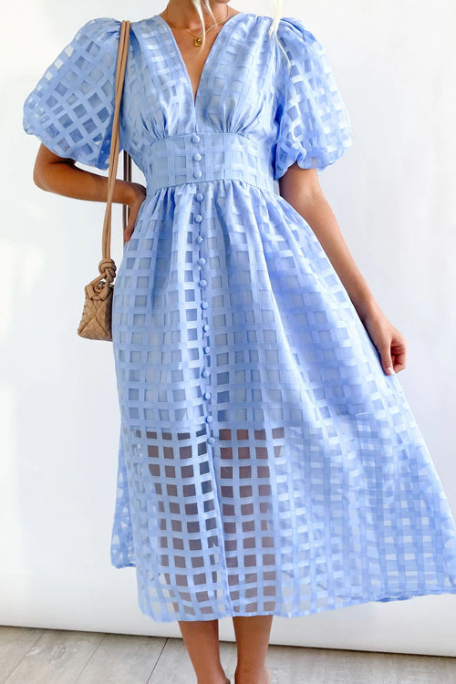 Puff Sleeve Sheer Grid Check Empire Waist Button Front Midi Dress
