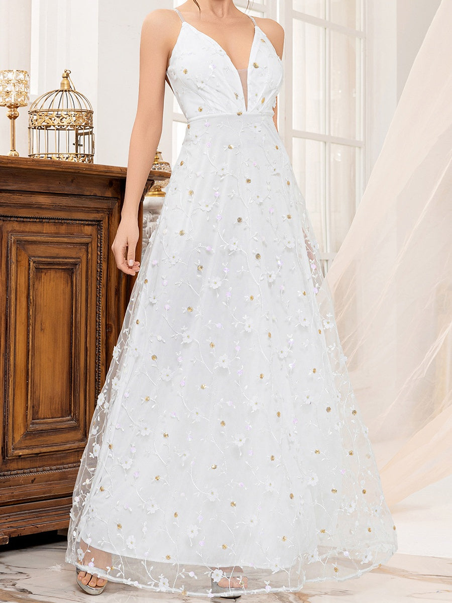 Deep V-neck Wedding Dress Applique Multi-story Maxi Dresses