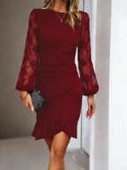 Lace-trimmed Puff Sleeves Ruffled Cross Hem Midi Dresses