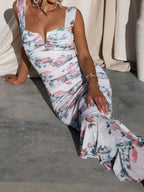 Printed Gathering Camisoles V-neck Ruffle Maxi Dresses