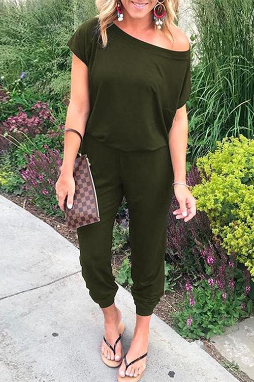 Solid Cold Shoulder Short Sleeves Elastic Waist Loungewear Jumpsuit