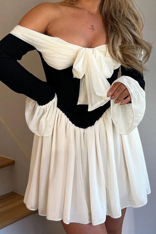 Off Shoulder Bow Front Corset Panel Ruffle Cuff Mini Dress
