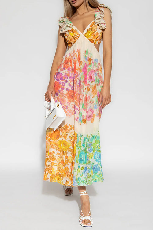 V Neck Open Back Ruffle Trim Color Block Floral Maxi Holiday Dress
