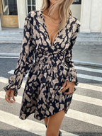 Ruffle Geometric Print Long Sleeve Mini&Short Dresses