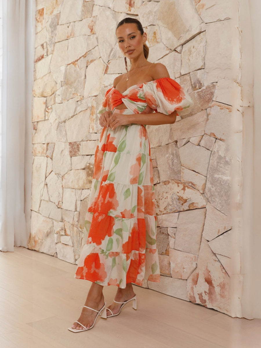 Printed Puff Sleeve Sweetheart Collar Vacation Maxi Dresses