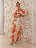 Printed Puff Sleeve Sweetheart Collar Vacation Maxi Dresses