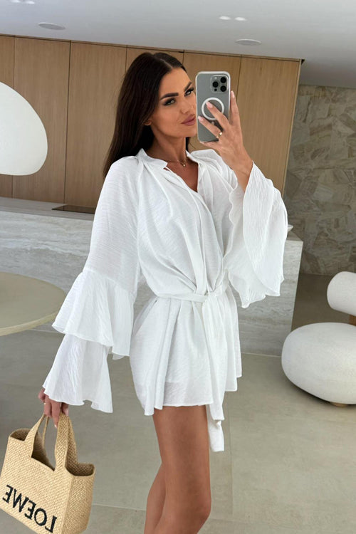 Textured Bell Sleeve Tie Waist Deep V-Neck Romper