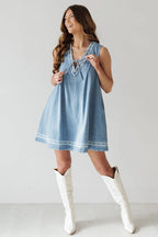 Embroidered V-Neck Tie Drawstring Lace Trim Pocket Chambray Mini Dress